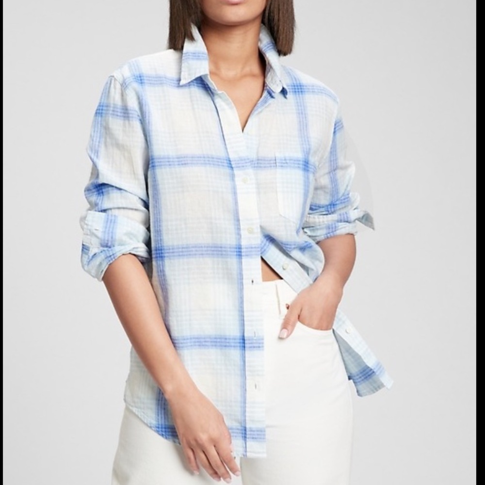 Gap Blue Plaid Linen-Blend Long Sleeve Easy Shirt Size Large